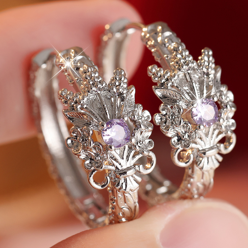 Women's Crown and Flower Shaped Stud Earrings with Purple Zirconia